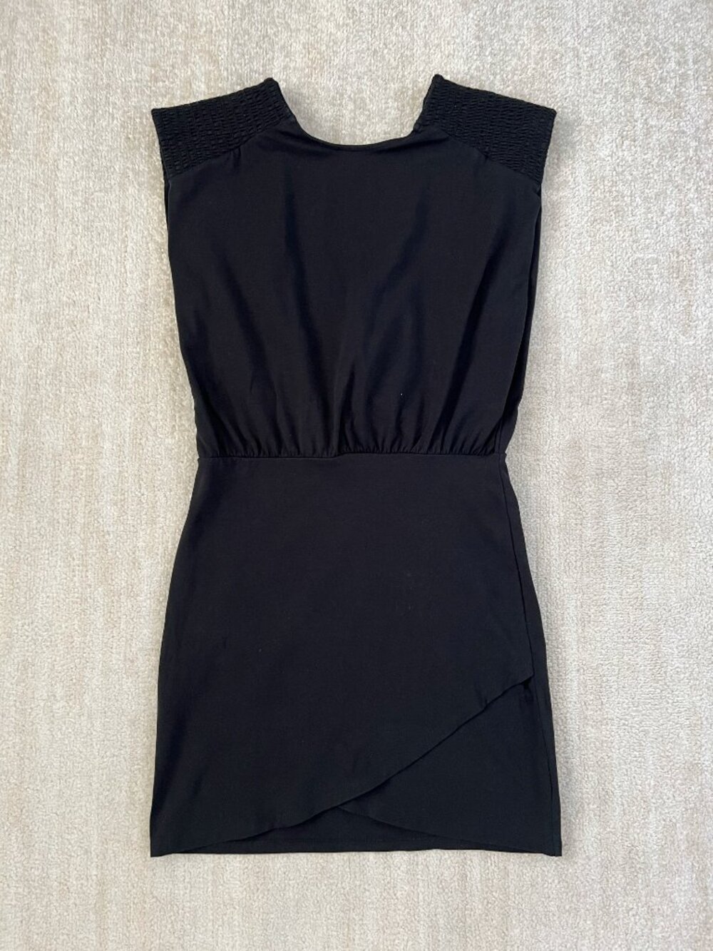 Sezane Black Cotton Smocked Shoulder Faux Wrap Cocktail Dress L LBD